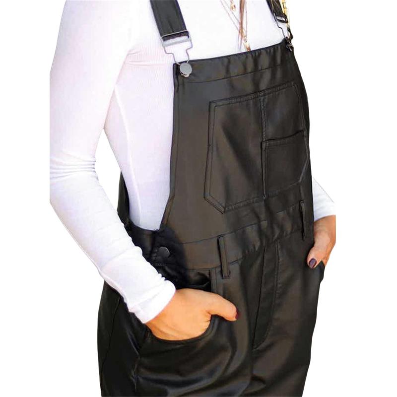 Women Leather Bib Overalls Solid Color Loose Casual Sleeveless Cargo Straight Leg Jumpsuit Romper with Pockets