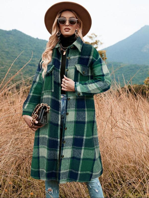 Womenswear Plaid Print Button Front Drop Shoulder Overcoat jacket, Casual Long Sleeve Flap Lady Pocket Outerwear for Fall & Winter,  Winter Clothes Women, Women's Clothing for Daily Wear