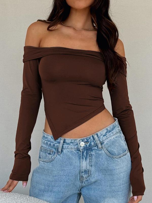 Women's Plain Ruched Off Shoulder Tee, Fashion Casual Asymmetrical Hem Long Sleeve T-Shirt for Spring & Fall, Women's Clothing for Daily Wear