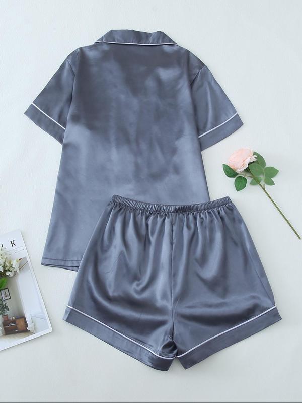 Women's Solid Satin Pyjama Set, Short Sleeve Lapel Neck Button Up Top & Elastic Waist Shorts PJ Set, Casual Comfy Loungewear Set for Women