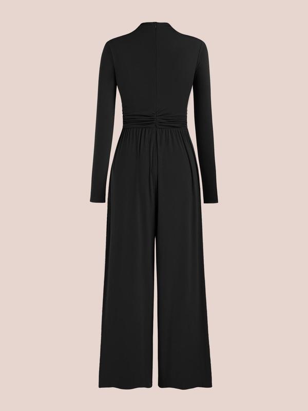 YOZY Christmas Deals, Ruched Mock Neck Jumpsuit, Casual Comfort Basic Minimalist Plain Long Sleeve Wide Leg Jumpsuit, 2024 Women's Daily Wear for Spring & Autumn, Christmas 2024 Trend, Fall & Winter Clothes