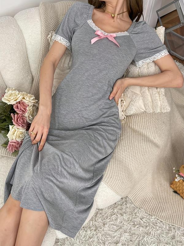 Women's Plain Bow Decor Contrast Lace Hem Nightdress, Casual Soft Comfortable Scoop Neck Short Sleeve Nightgown for All Seasons, Ladies Sleepwear for Indoor Wear