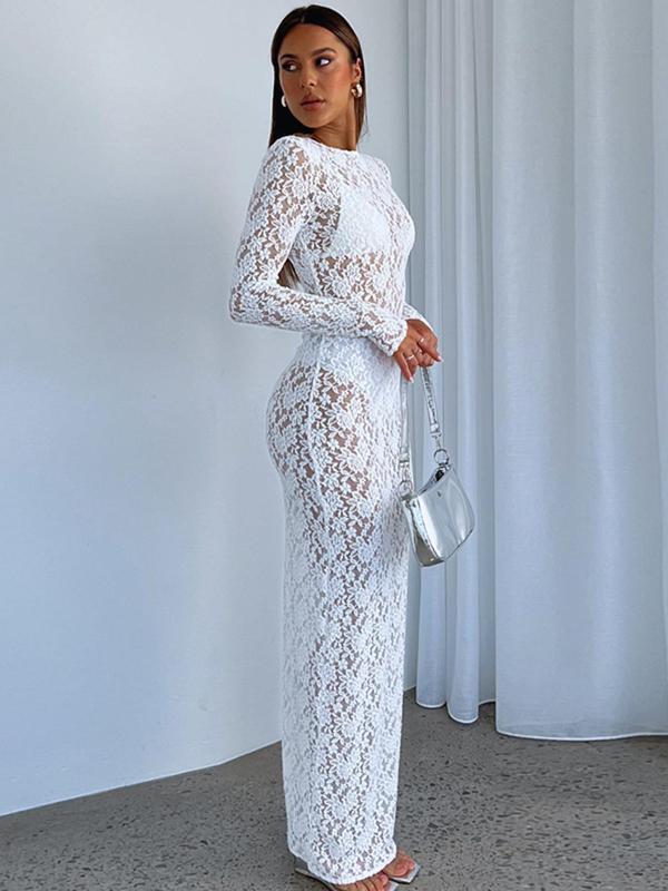 Women's Sheer Lace Long Sleeve Sheer Mermaid Dress, Sexy Round Neck See Through Long Dress for Party Club Dating Wear, Ladies Spring & Fall Clothes