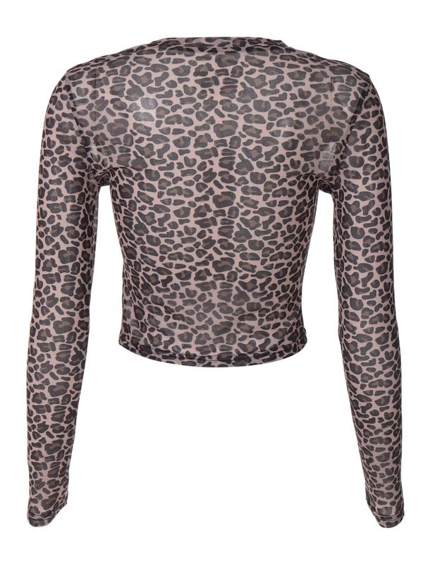 Women's Leopard Print Sheer Crop Tee, Fashion Casual Crew Neck Long Sleeve T-shirt for Daily Outdoor Wear, Women Tops, Vintage Graphic Tees, Fall Outfits, Fallfreshness, Downtown Girl Clothes Longsleeves