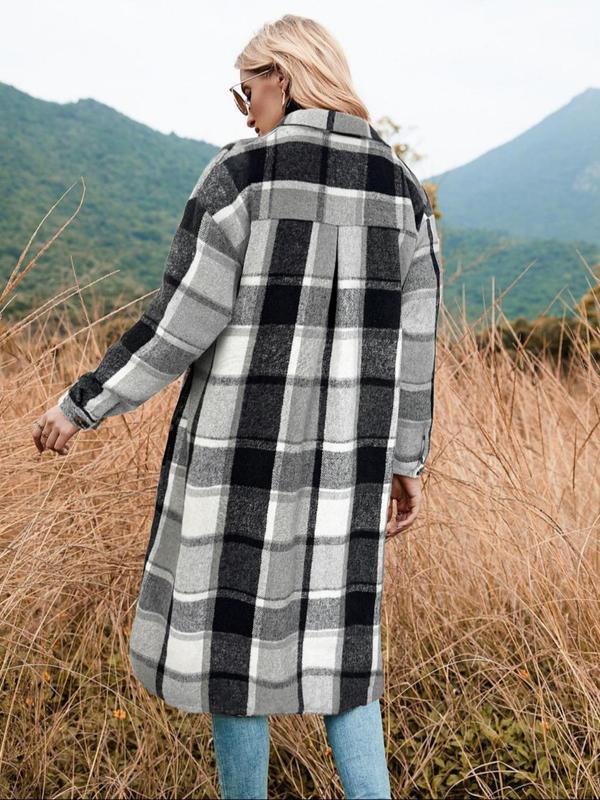 Womenswear Plaid Print Button Front Drop Shoulder Overcoat jacket, Casual Long Sleeve Flap Lady Pocket Outerwear for Fall & Winter,  Winter Clothes Women, Women's Clothing for Daily Wear