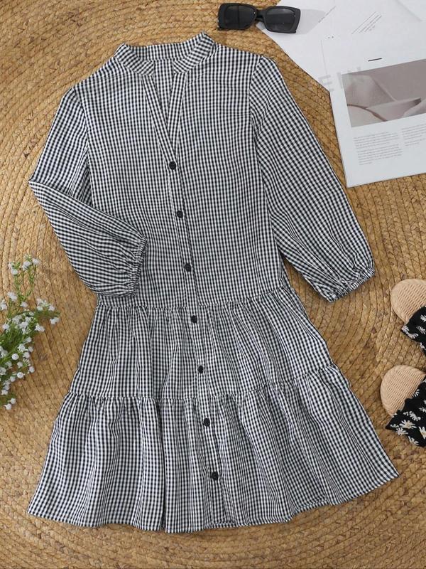 Women's Gingham Print Button Front Ruffle Hem Shirt Dress, Casual Bishop Sleeve Notched Neck Short Dress for Spring & Fall, Women's Clothes for Daily Wear