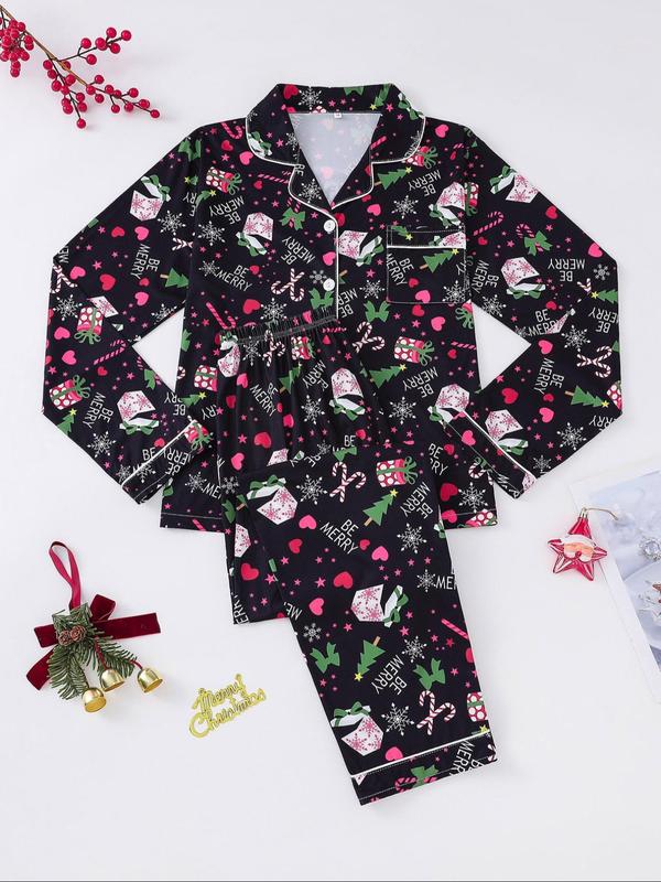 Two-piece Set Women's Christmas Print Lapel Neck Pocket Shirt & Elastic Waist Pants Pyjama, Casual Comfy Long Sleeve Top & Trousers Pj Set, Ladies Sleepwear for Spring & Fall