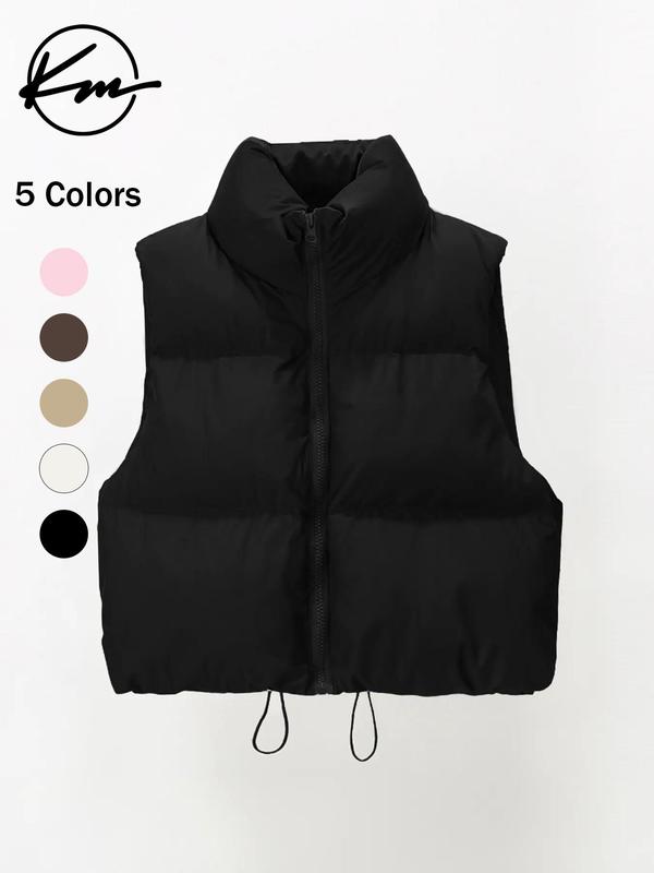 Women's Solid Drawstring Waist Zip Up Crop Winter Vest Coat, Casual Chic Warm Stand Collar Sleeveless  Layering  Outerwear for Fall & Winter, Women's Crop Tops for Daily Wear