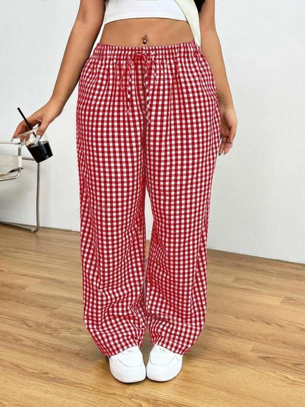  Plaid Print Drawstring Waist Pants, Casual Comfy Trousers for Women, Going Out Bottoms, Women's Bottoms for Fall & Winter, Downtown Girl Clothes