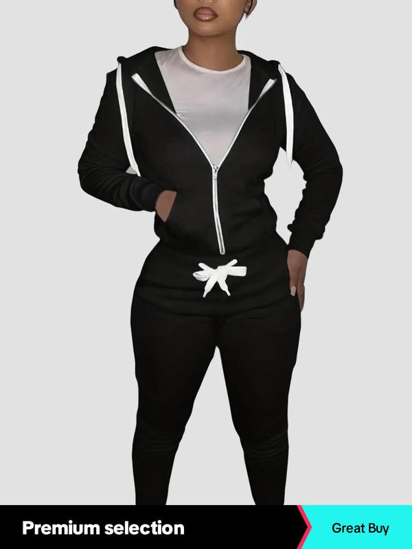 lovelyWholesale Two-Piece Set Women's Plain Drawstring Pocket Zip Up Hoodie & Skinny Sweatpants Sweatsuit Set for Fall, Hooded Sweatshirt & Jogger Trousers, Please Purchase One Size Smaller, Fall Outfits