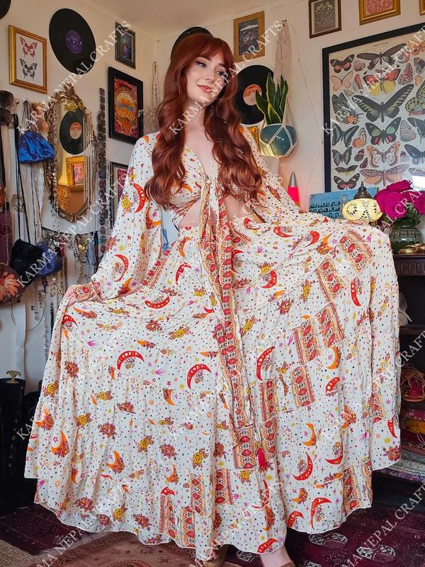 Flowy Tiered Skirt with Ruffle Top , Boho Hippie Long Skirt Sets, Whimsical Outfit, Vintage Maxi Silk Skirt , Bohemian Summer Skirts, Retro Style, Stevie Nicks Inspired Outfit, Fairy Core Aesthetic, Flared Sleeve Wrap Top, Long Maxi Skirt with Bell Sleeve