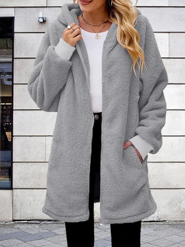  Solid Pocket Zip Up Hooded Coat, Casual Long Sleeve Plush Coat for Fall & Winter, Women's Clothes for Daily Wear