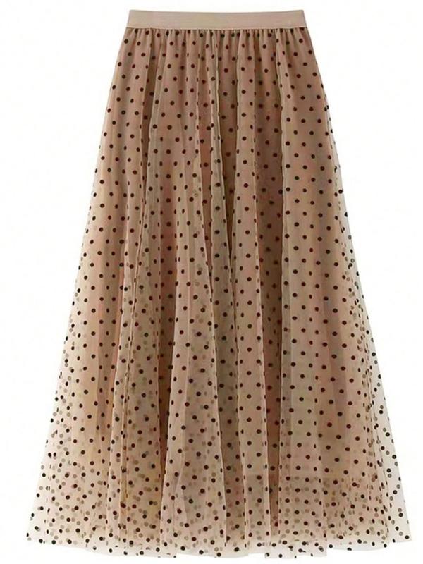 Women's Polka Dot Print Contrast Mesh Tape Ruched A Line Skirt, Elegant Fashion Casual Midi Skirt for Daily Vacation Holiday Beach, Ladies Summer Clothes