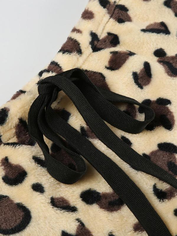 Women's Leopard Print Tie Front Plush Shorts, Casual Comfy Shorts for Fall & Winter, Women's Bottoms for Daily Wear