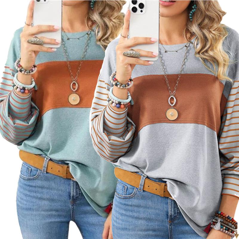 2 Pack Long Sleeve Fall Tops Oversized 2024 Trendy Round Crew Neck Casual Color Block Womens Shirts Blouses