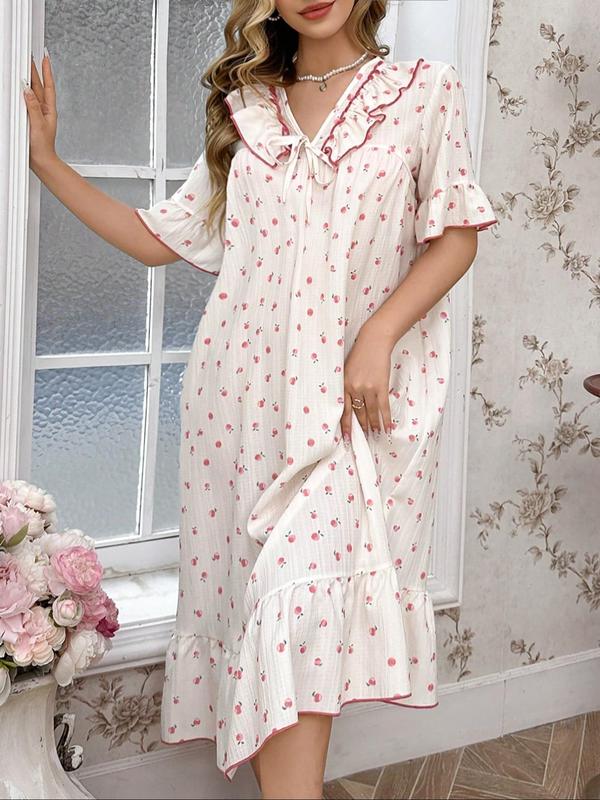  All Over Fruit Print Ruffle Trim Tie Front Nightdress, Casual Soft Comfortable Flounce Sleeve Nightgown for Women, Women's Sleepwear for All Seasons