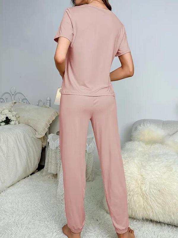 Women's Solid Tie Front Two-Piece Pyjama Set, Casual Round Neck Short Sleeve Tee & Elastic Waist Pants PJ Set, Ladies Summer Sleepwear for Daily Wear