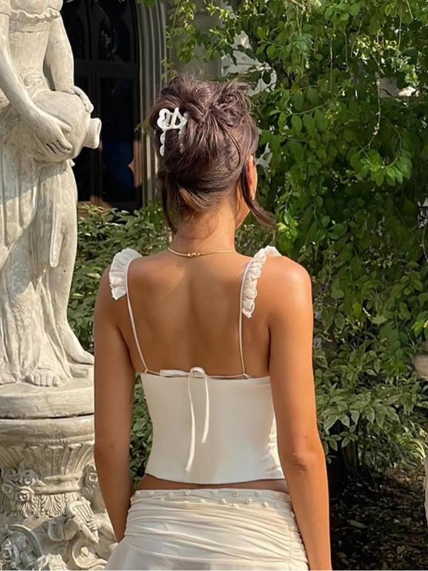 Women's Plain Ruched Tie Back Frill Trim Backless Crop Cami Top, Solid Sweetheart Neck Sleeveless Corset Cami Top for Summer, Crop Tops, Ladies Clothes for Daily Outdoor Holiday Vacation