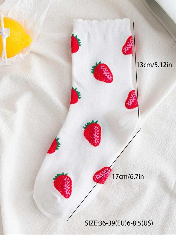 Women's 2 Pairs Strawberry Print Jacquard Crew Socks, Fall Wear, Fallfreshness Casual Moisture Wicking Socks, Soft Comfy Breathable Socks For All Seasons Daily Wear