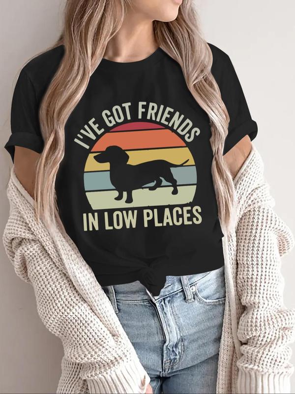 Women's Dachshund & Letter Print Round Neck Graphic Tee, Vintage Trendy Casual Short Sleeve T-shirt for Daily Wear, Ladies Summer Outfit