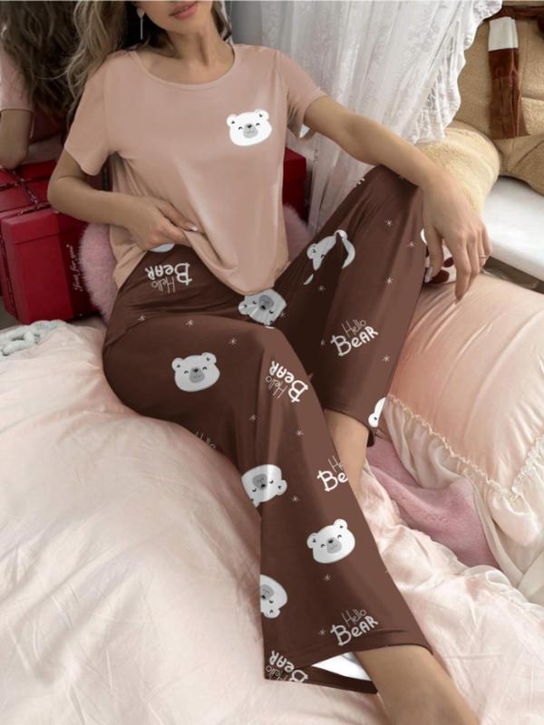 Women's 2pcs Cartoon Bear Print Tee & Elastic Waist Pants Pyjama Set, Casual Comfy Round Neck Short Sleeve T-Shirt & Pocket Trousers PJ Set, Ladies Sleepwear for All Seasons