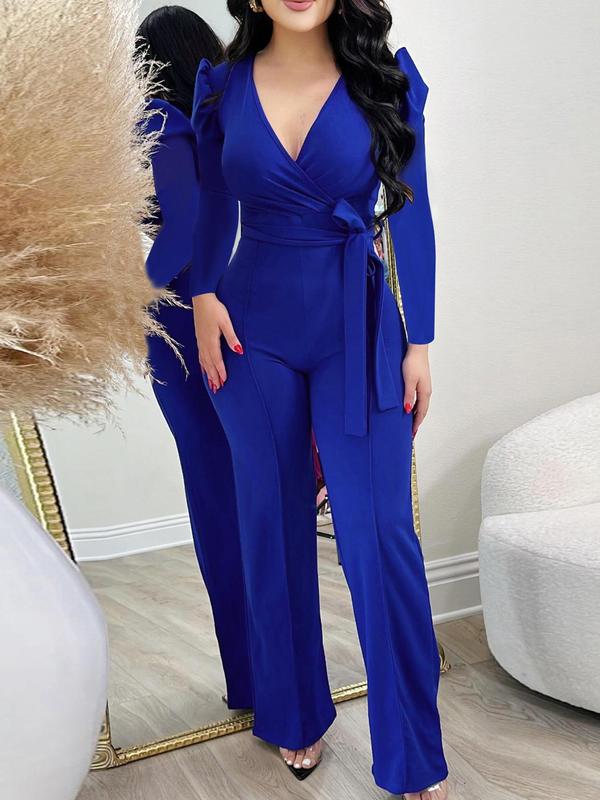 Women's Plain Wrap Knot Front  Jumpsuit, Elegant Leg-of-mutton Sleeve Deep V Neck Jumpsuit for Party Holiday Wedding Guest, Ladies Clothes for All Seasons