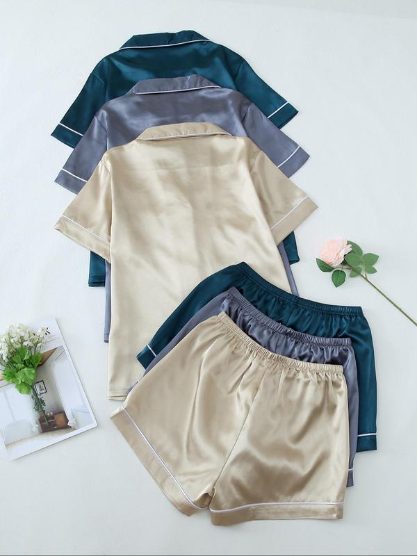 Women's Solid Satin Pyjama Set, Short Sleeve Lapel Neck Button Up Top & Elastic Waist Shorts PJ Set, Casual Comfy Loungewear Set for Women