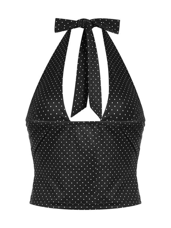 Women's Polka Dot Print Backless Button Front Crop Tank Top, Casual Tie Back Deep V Neck Sleeveless Going Out Top for Summer, Ladies Y2K Clothes for Beach Holiday