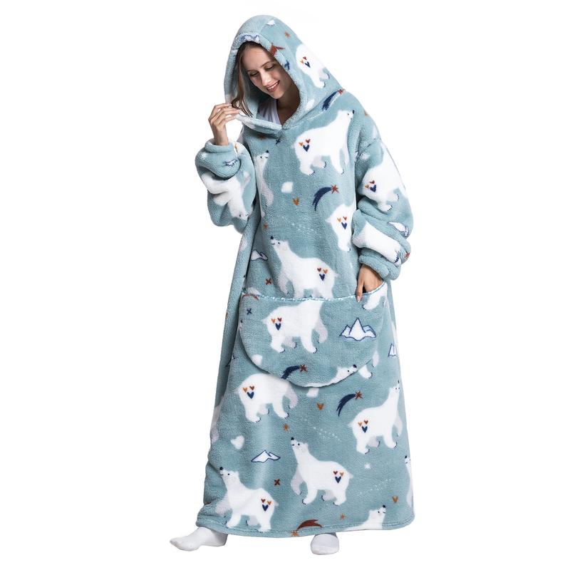 Plus Size Cute Wearable Blanket Nightgown, 1Pcs Women Men Ultra Soft Warm Flannel Oversized Hooded Wearable Blanket With Giant Pockets