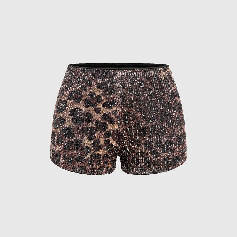 ROMWE Grunge Punk Y2K Leopard Print All-Over Sequin Women's Ultra Low-Rise Mini Shorts, Rave Festival, School