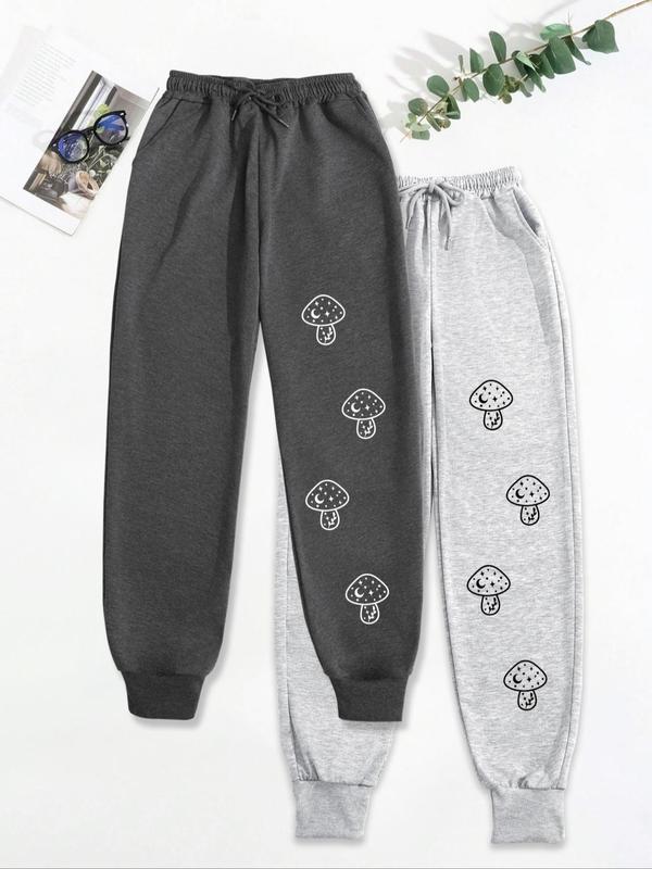 Women's Mushroom Print Drawstring Waist Sweatpants, Casual Pocket Design Pants for Fall & Winter, Women's Trousers for Daily Wear