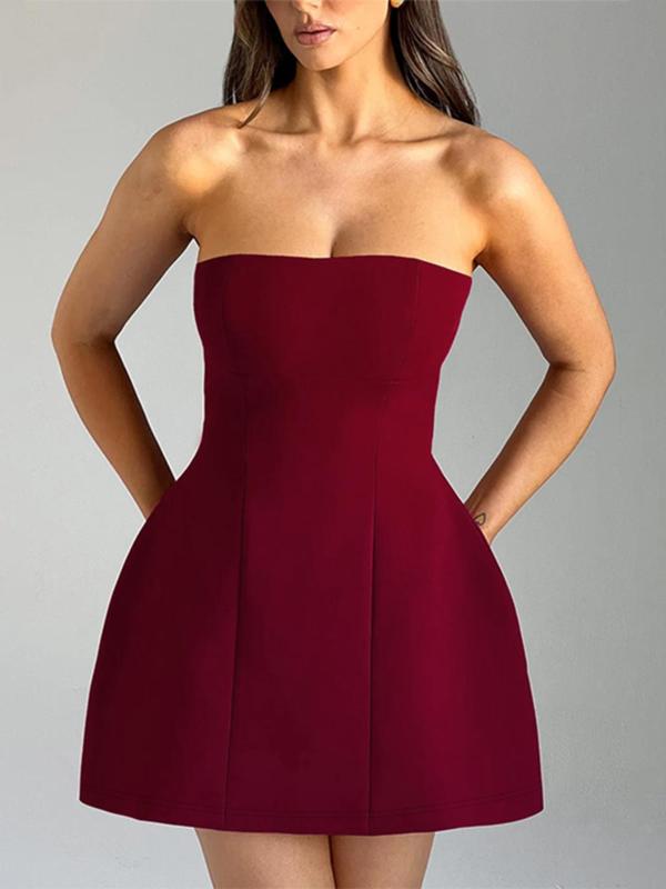 Christmas Deals Women's Plain Backless Tube Dress, Solid Zipper Back Strapless A Line Short Dress for Party Club Dating Wear, Ladies Spring & Fall Clothes, Christmas 2024 Trend