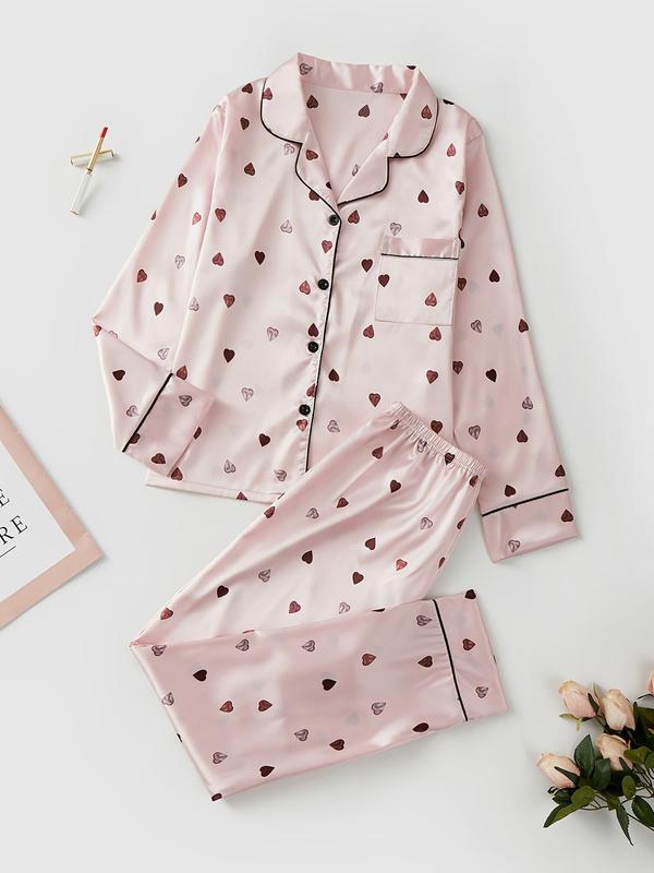 Women's Satin Button Front Heart Print Pyjama Set, Casual Elegant Comfortable Pocket Lapel Shirt & Pants Set for Women, Sleepwear for Spring & Fall, Sleepwear for Women