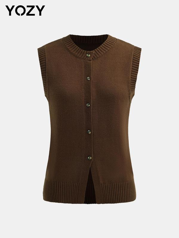 YOZY Women's Solid Color Button Front Sweater Vest, Casual Sleeveless Round Neck Knitwear for Fall & Winter, Fashion Ladies' Knit Clothing for Daily Wear