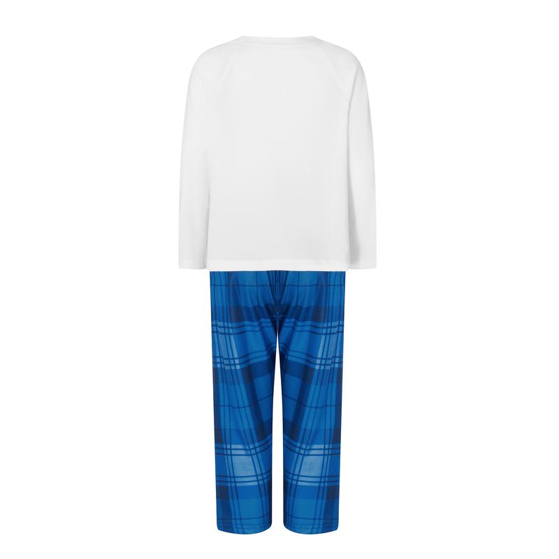 Blue White Matching Christmas Pajamas For Family, Christmas Tree Letter Print Long-Sleeved Tops + Plaid Trousers Sleepwear Outfits