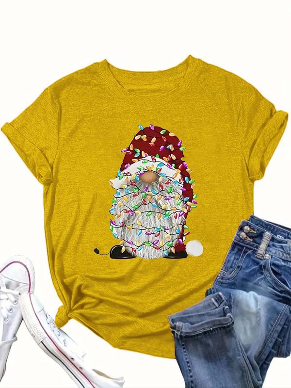  Christmas Print Round Neck Tee, Casual Short Sleeve Crew Neck T-Shirt for All Seasons, Women's Clothing for Daily Wear