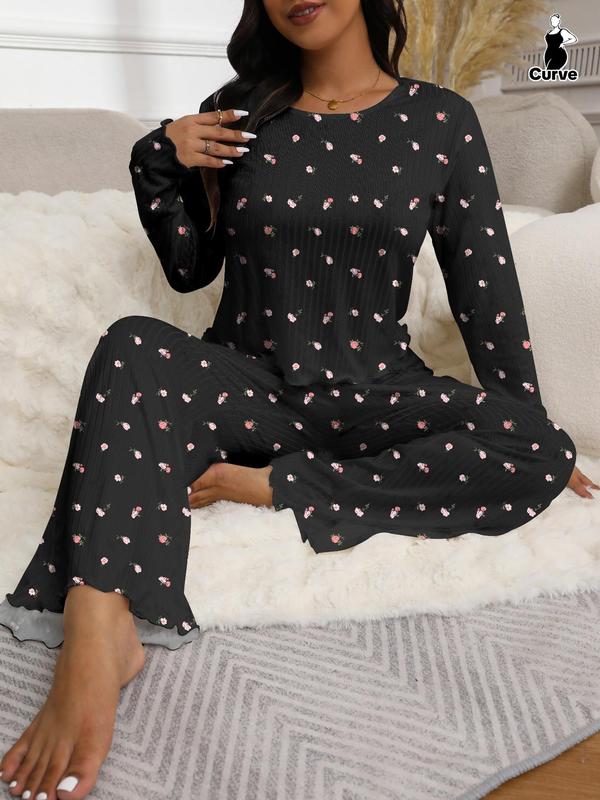  Two-Piece Set Ditsy Floral Print Lettuce Trim Tee & Elastic Waist Pants Pyjama, Casual Comfy Round Neck Long Sleeve Top & Trousers Set, Women's Sleepwear for Spring & Fall