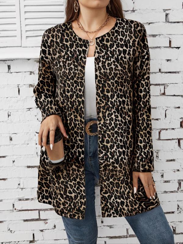  Leopard Print Long Sleeve Open Front Jacket, Casual Round Neck Outerwear for Fall & Winter, Women's Clothes for Daily Wear