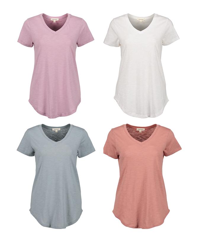 Urban Diction Casual V-Neck Plain Curved Hem Tee Packs- Set of Four, Multiple Color Combination Comfort Cotton Tops Fabric Womenswear Breathable