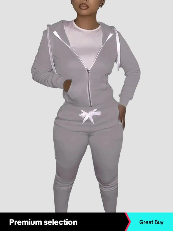 lovelyWholesale Two-Piece Set Women's Plain Drawstring Pocket Zip Up Hoodie & Skinny Sweatpants Sweatsuit Set for Fall, Hooded Sweatshirt & Jogger Trousers, Please Purchase One Size Smaller, Fall Outfits