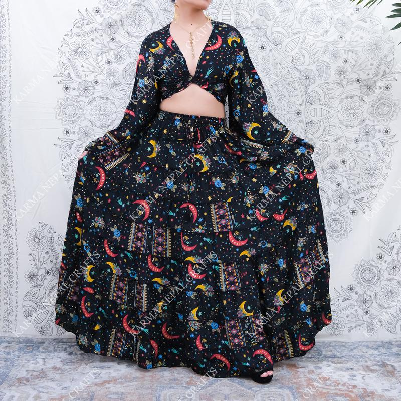 Flowy Tiered Skirt with Ruffle Top , Boho Hippie Long Skirt Sets, Whimsical Outfit, Vintage Maxi Silk Skirt , Bohemian Summer Skirts, Retro Style, Stevie Nicks Inspired Outfit, Fairy Core Aesthetic, Flared Sleeve Wrap Top, Long Maxi Skirt with Bell Sleeve