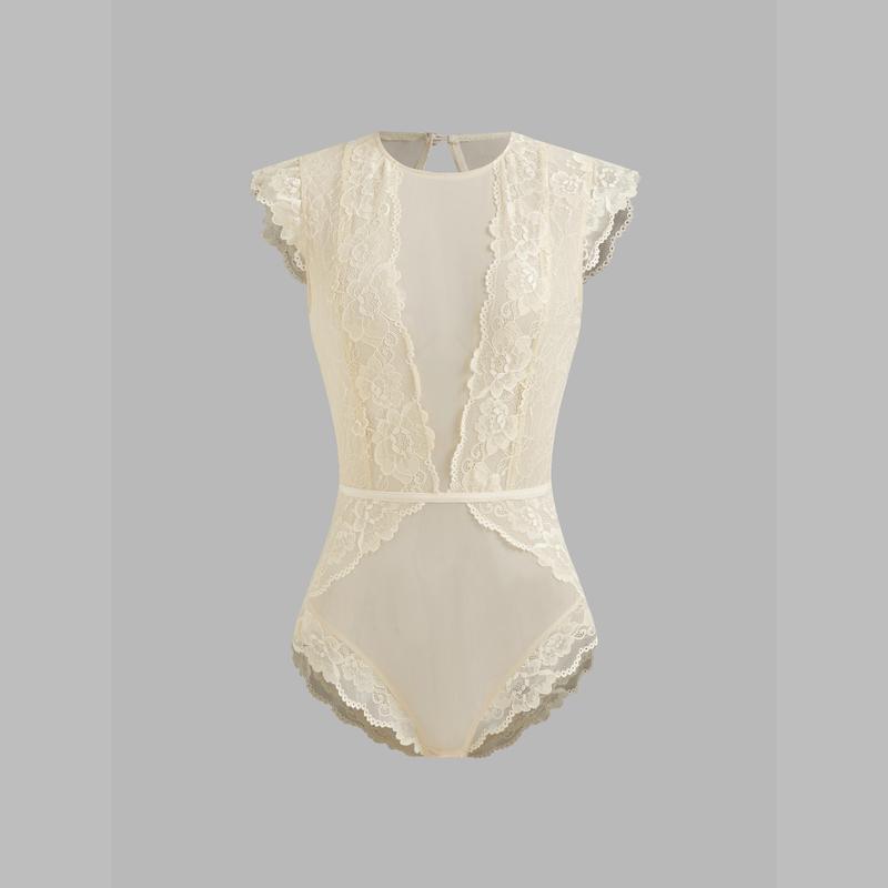 Cider [size 2-10] Lace Round Neckline Solid Cut Out See-through Bodysuit