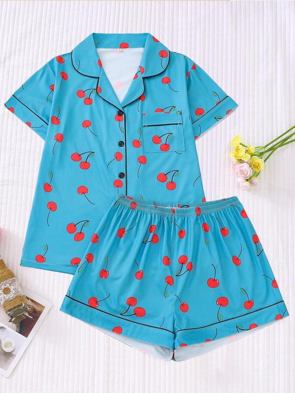 2 Piece Set Women's All Over Cherry Print Lapel Collar Pocket Shirt & Elastic Waist Shorts Pyjama Set, Casual Comfortable Contrast Binding Button Front Top & Shorts Pj Set, Pajama Sets Women, Ladies Sleepwear for Summer