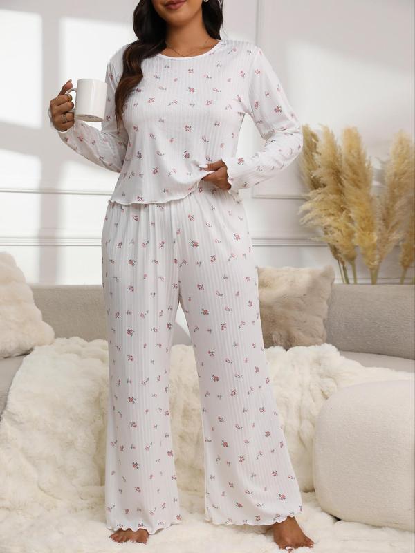  Two-Piece Set Ditsy Floral Print Lettuce Trim Tee & Elastic Waist Pants Pyjama, Casual Comfy Round Neck Long Sleeve Top & Trousers Set, Women's Sleepwear for Spring & Fall