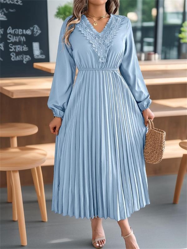 Women's Plain Lace Trim Pleated Dress, Elegant Bishop Sleeve V Neck A Line Dress for Party Holiday Wedding Guest, Ladies Fall & Winter Clothes