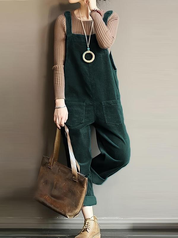 Women's Solid Color Corduroy Overalls Jumpsuit, Casual Pocket Straight Leg Overalls Jumpsuit for Daily Wear, Ladies Clothes for All Seasons