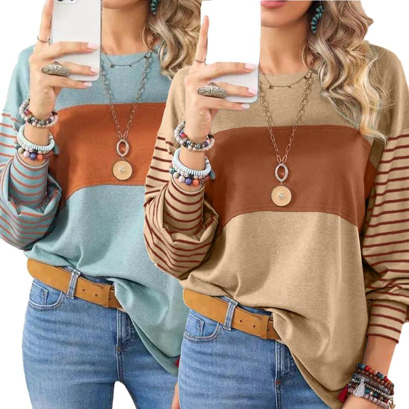 2 Pack Long Sleeve Fall Tops Oversized 2024 Trendy Round Crew Neck Casual Color Block Womens Shirts Blouses