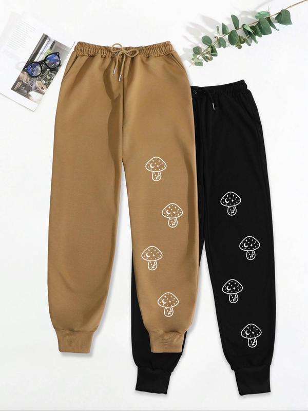 Women's Mushroom Print Drawstring Waist Sweatpants, Casual Pocket Design Pants for Fall & Winter, Women's Trousers for Daily Wear