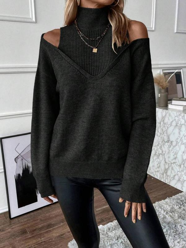 Women's 2 in 1 Cold Shoulder Sweater, Casual Drop Shoulder Long Sleeve Jumper for Spring & Fall, Fashion Women's Knitwear for Daily Wear Cardigan Sweater