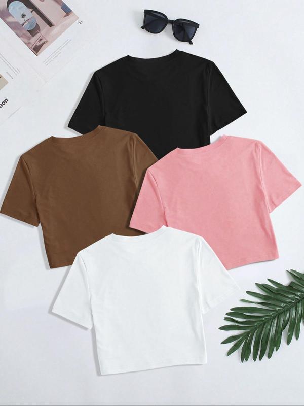 Women's Solid Round Neck Crop Tee, Casual Short Sleeve Crew Neck T-shirt for Daily Wear, Mitsy Crop Top, T Shirts for Women, Ladies Clothes for All Seasons